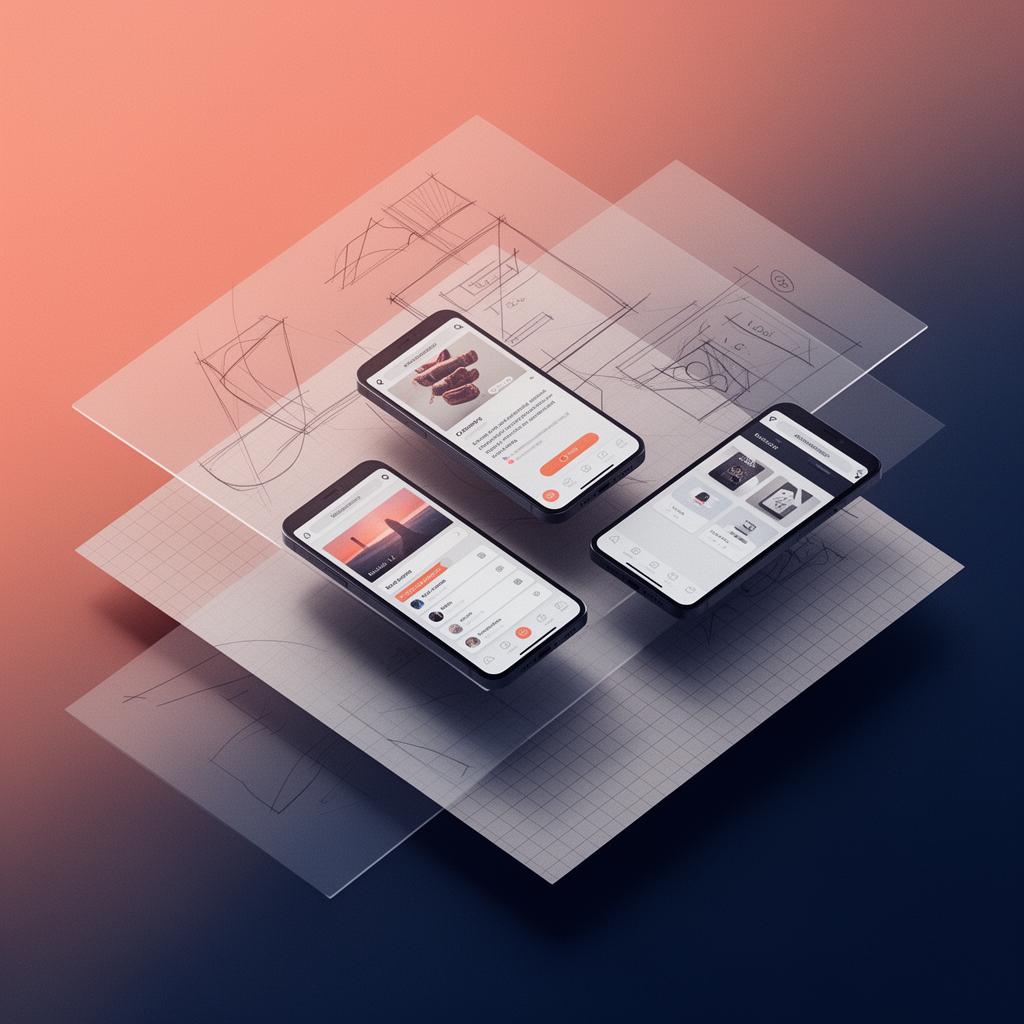 Abstract collage of UX wireframes and layered design sheets